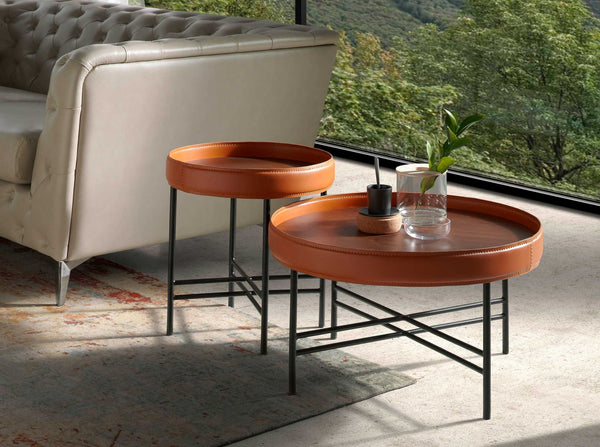 Round coffee table in synthetic leather, walnut and black steel