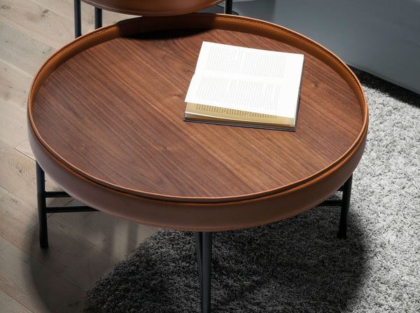 Round coffee table in synthetic leather, walnut and black steel