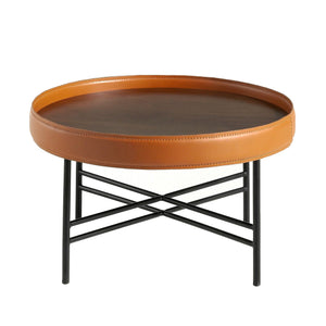 Round coffee table in synthetic leather, walnut and black steel