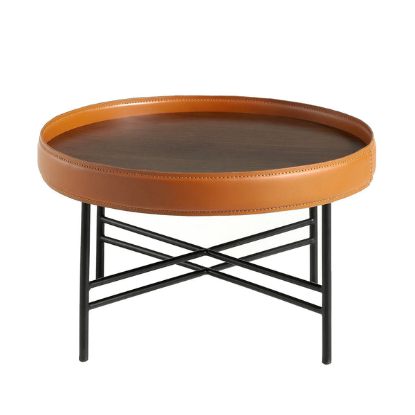 Round coffee table in synthetic leather, walnut and black steel