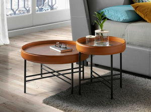 Round coffee table in synthetic leather, walnut and black steel
