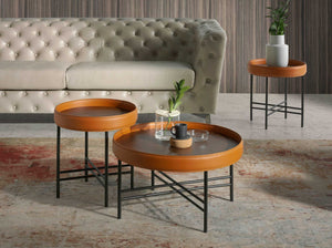 Round coffee table in synthetic leather, walnut and black steel