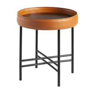 Round corner table in eco-leather, walnut and black steel