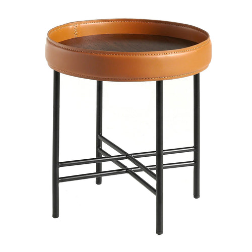 Round corner table in eco-leather, walnut and black steel