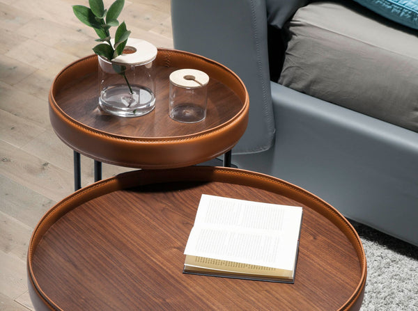Round corner table in eco-leather, walnut and black steel