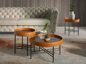 Round corner table in eco-leather, walnut and black steel