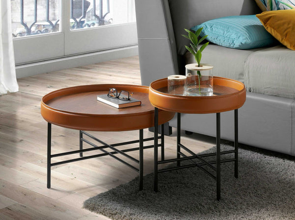 Round corner table in eco-leather, walnut and black steel