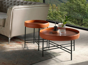 Round corner table in eco-leather, walnut and black steel