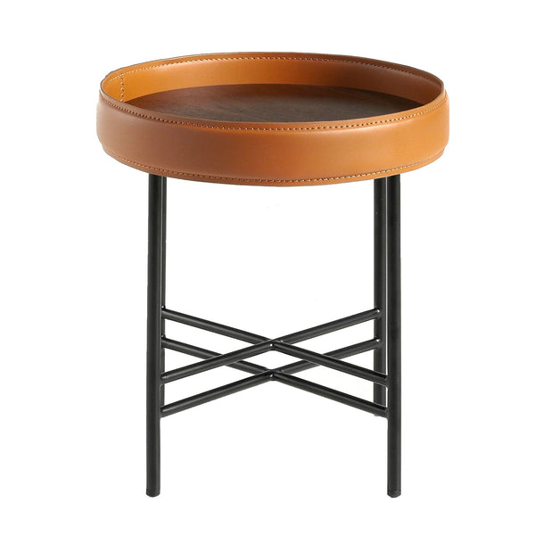 Round corner table in eco-leather, walnut and black steel