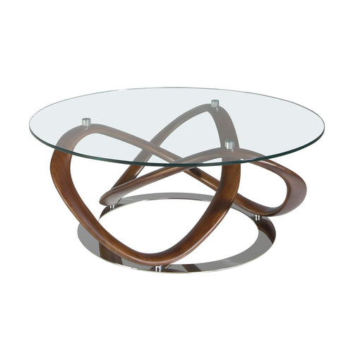 Round coffee table in tempered glass, walnut and chromed steel