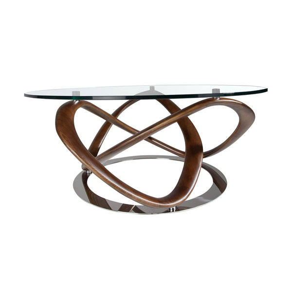 Round coffee table in tempered glass, walnut and chromed steel