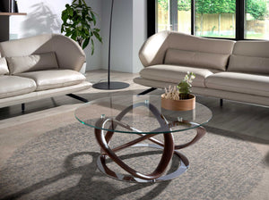 Round coffee table in tempered glass, walnut and chromed steel