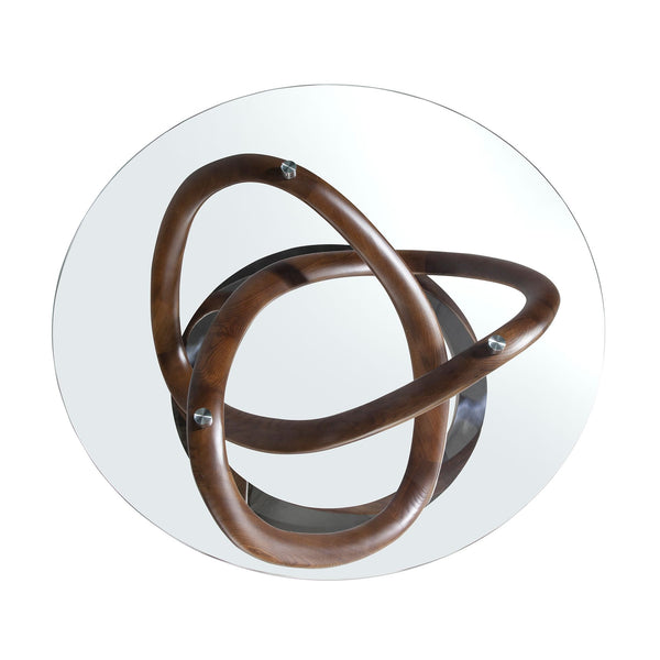 Round coffee table in tempered glass, walnut and chromed steel