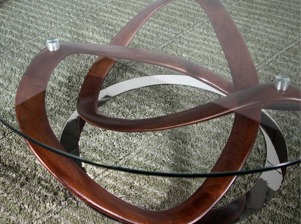 Round coffee table in tempered glass, walnut and chromed steel