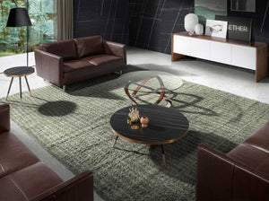 Round coffee table in tempered glass, walnut and chromed steel