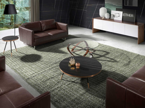 Round coffee table in tempered glass, walnut and chromed steel