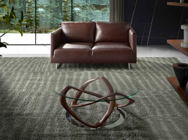 Round coffee table in tempered glass, walnut and chromed steel
