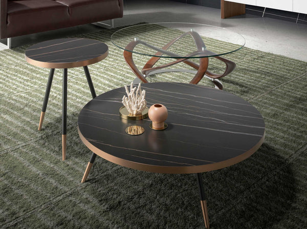 Round corner table in porcelain marble and black steel