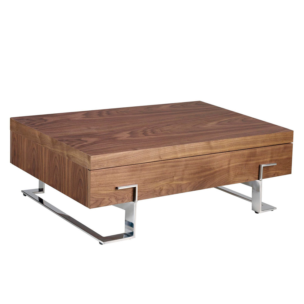 Rectangular coffee table in walnut and chromed steel
