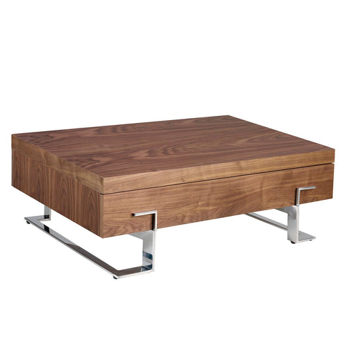 Rectangular coffee table in walnut and chromed steel