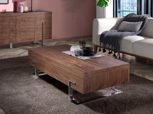 Rectangular coffee table in walnut and chromed steel