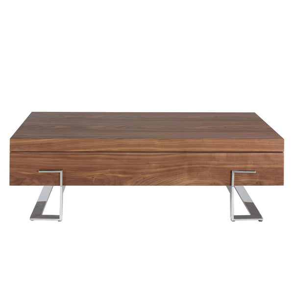Rectangular coffee table in walnut and chromed steel