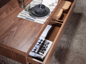 Rectangular coffee table in walnut and chromed steel
