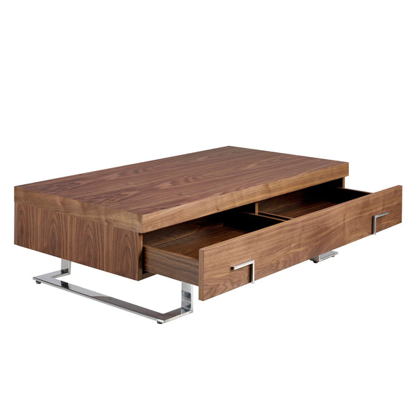Rectangular coffee table in walnut and chromed steel