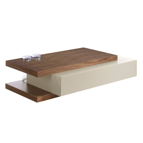 Rectangular coffee table in beige and walnut wood