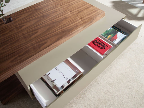 Rectangular coffee table in beige and walnut wood