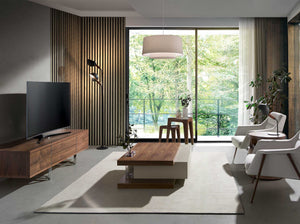 Rectangular coffee table in beige and walnut wood
