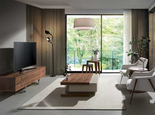 Rectangular coffee table in beige and walnut wood