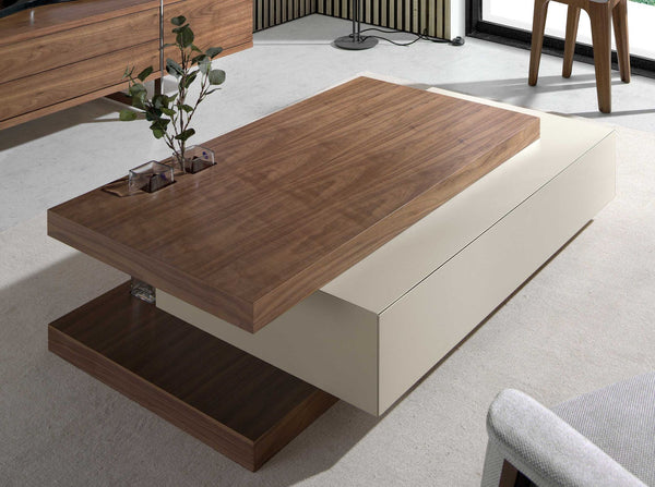 Rectangular coffee table in beige and walnut wood