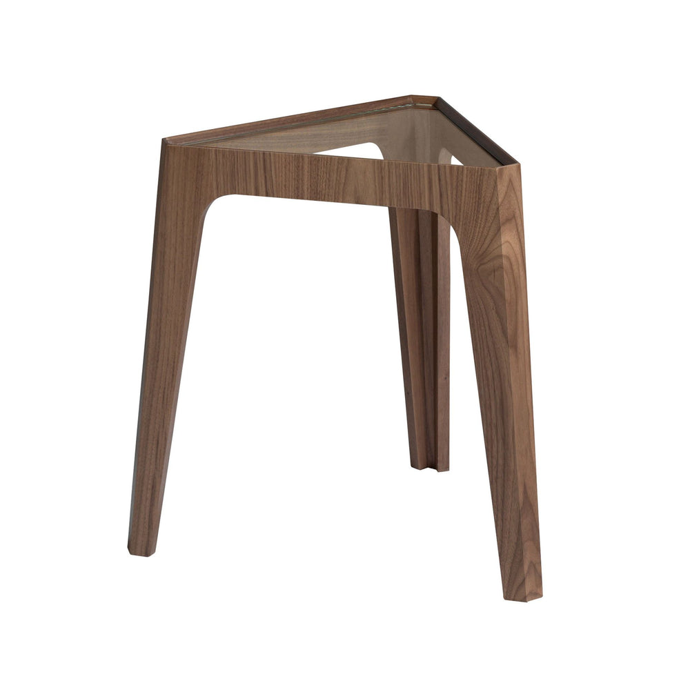 Triangular corner table in tempered glass and walnut