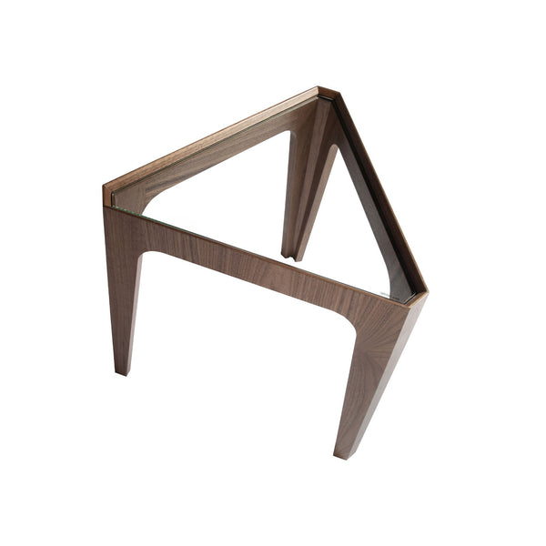 Triangular corner table in tempered glass and walnut