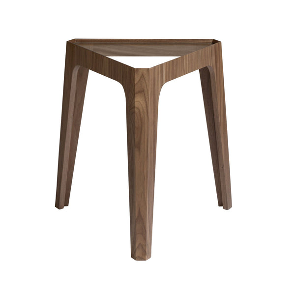 Triangular corner table in tempered glass and walnut