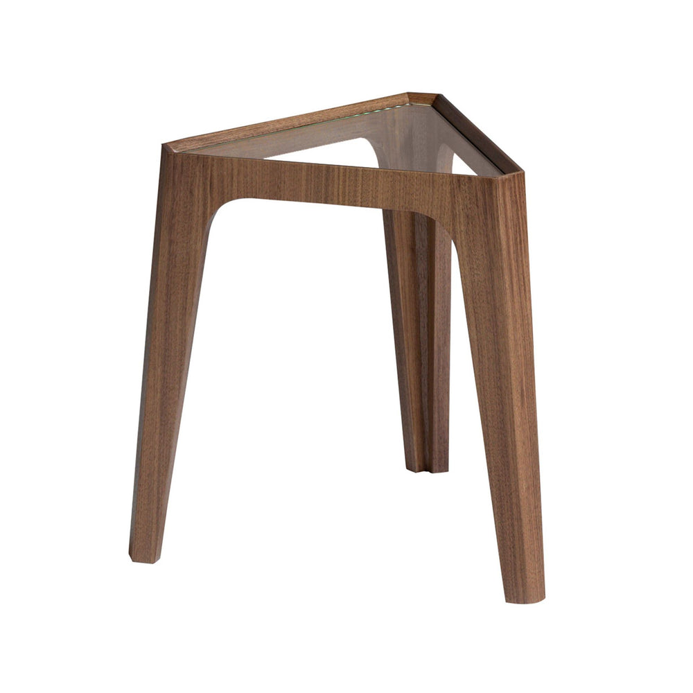 Triangular corner table in tempered glass and walnut