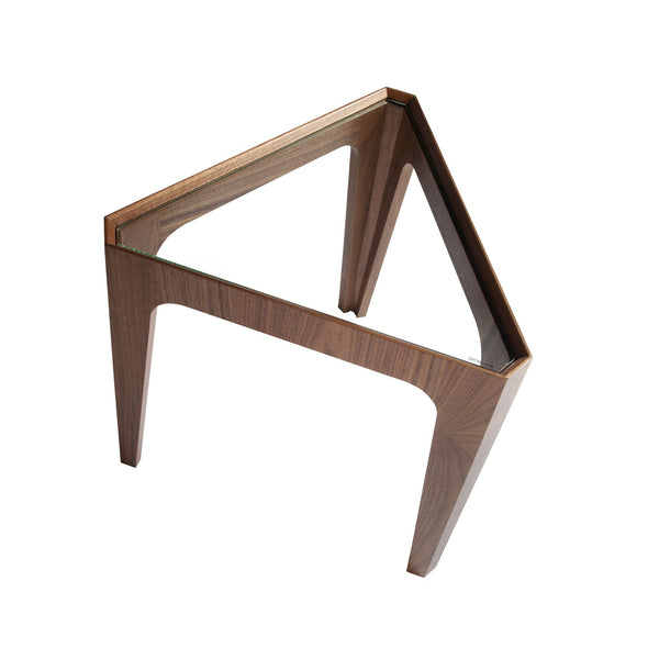 Triangular corner table in tempered glass and walnut