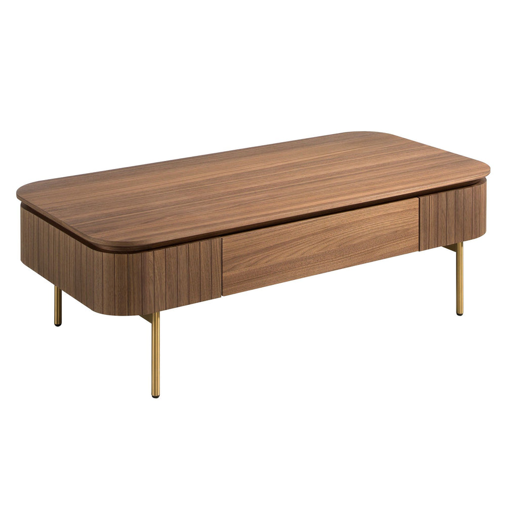 Rectangular coffee table in walnut and polished gold steel
