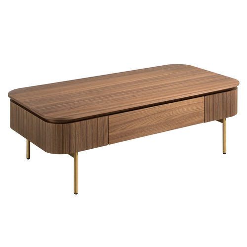 Rectangular coffee table in walnut and polished gold steel
