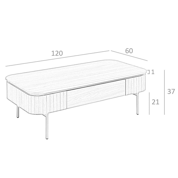 Rectangular coffee table in walnut and polished gold steel