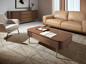 Rectangular coffee table in walnut and polished gold steel