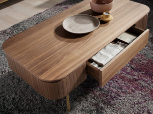 Rectangular coffee table in walnut and polished gold steel
