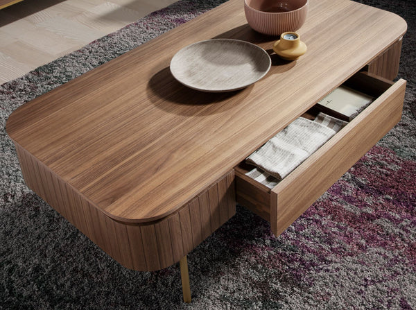 Rectangular coffee table in walnut and polished gold steel