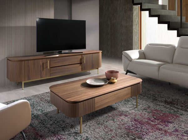 Rectangular coffee table in walnut and polished gold steel