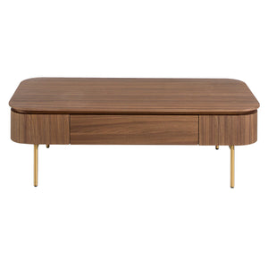 Rectangular coffee table in walnut and polished gold steel