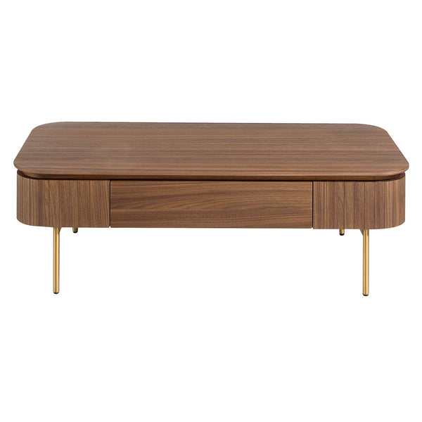 Rectangular coffee table in walnut and polished gold steel