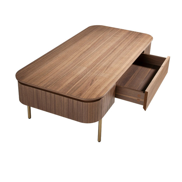 Rectangular coffee table in walnut and polished gold steel