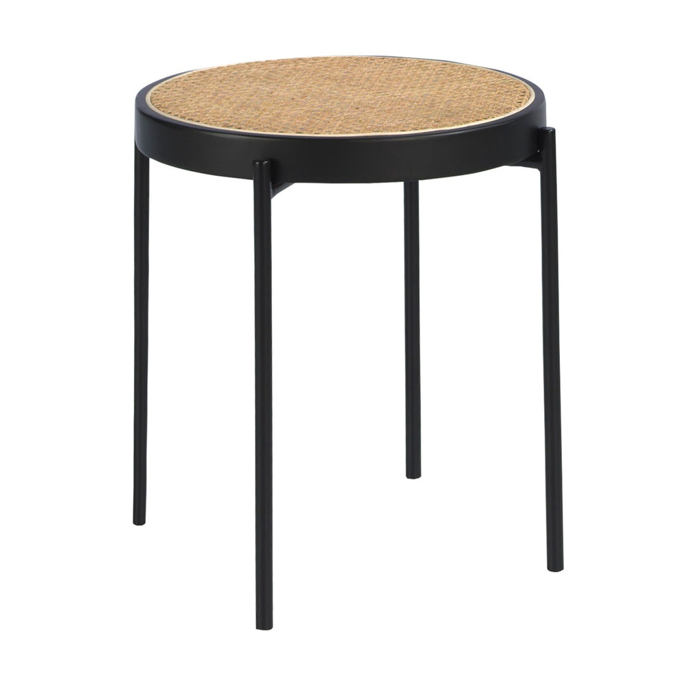 Round side table in wicker, black wood and black steel