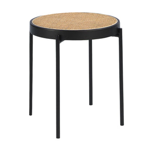 Round side table in wicker, black wood and black steel